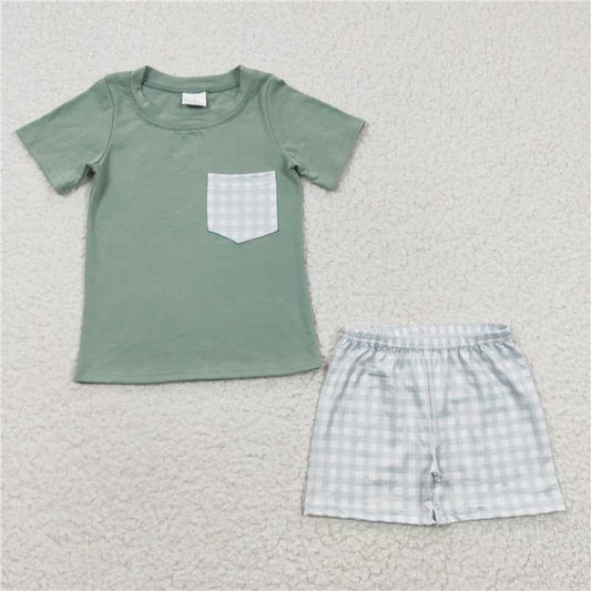 8.9 RTS NO MOQ Baby Boys kids Summer Sets BSSO0236 Green Plaid Pockets Shorts Sets