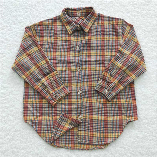 7.10 RTS NO MOQ Baby Boys Long Sleeve BT0241 Orange Plaid Long Sleeve Shirts Tops