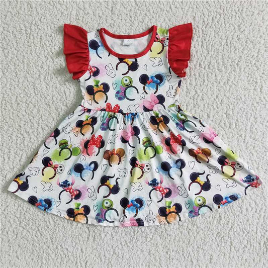 8.7 RTS NO MOQ Summer Baby Girls Dresses GSD0011 Flutter sleeve headband print cartoon dresses