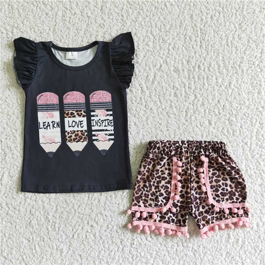 RTS NO MOQ Baby Girls Summer Sets GSSO0117 Back To School Learn love Inspire Pencil Print Leopard Shorts Sets