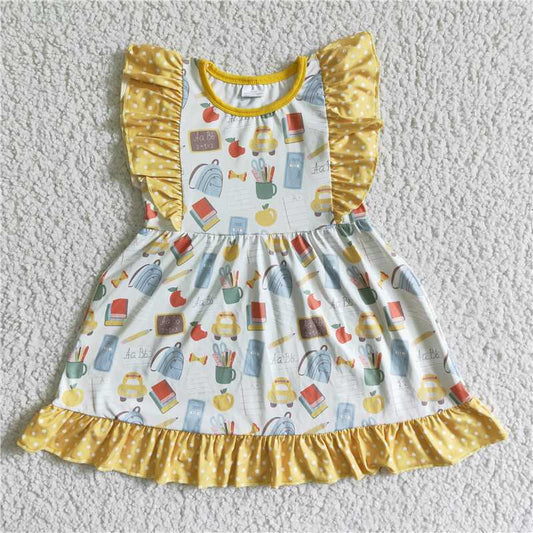 8.6 RTS NO MOQ Summer Baby Girls Dresses GSD0061 Back to school flutter sleeve knee length dresses