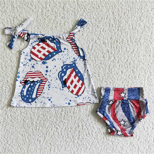5.24 RTS NO MOQ Baby Girls Summer Outifts GBO0042 Tongue Shirt 4th Of July Bummie Sets