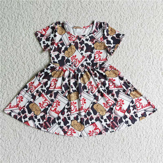 8.6 RTS NO MOQ Summer Baby Girls Dresses GSD0093 Short sleeve cow chicknee length dresses
