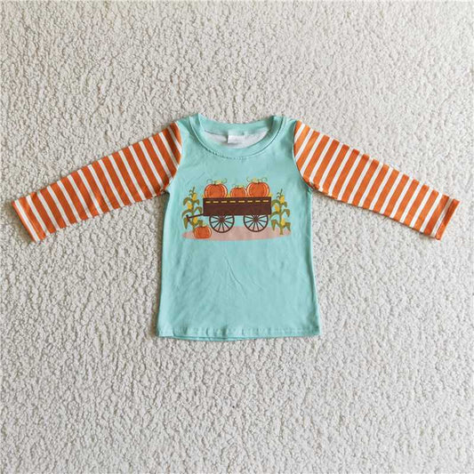 7.21 RTS NO MOQ Baby Boys Long Sleeve BT0030 pumpkin Corn Print Stripe Sleeves Tractor Shirts