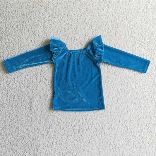7.8 RTS NO MOQ Baby Girls Long Sleeve GT0064 Blue Velvet Long Sleeve Shirt Tops