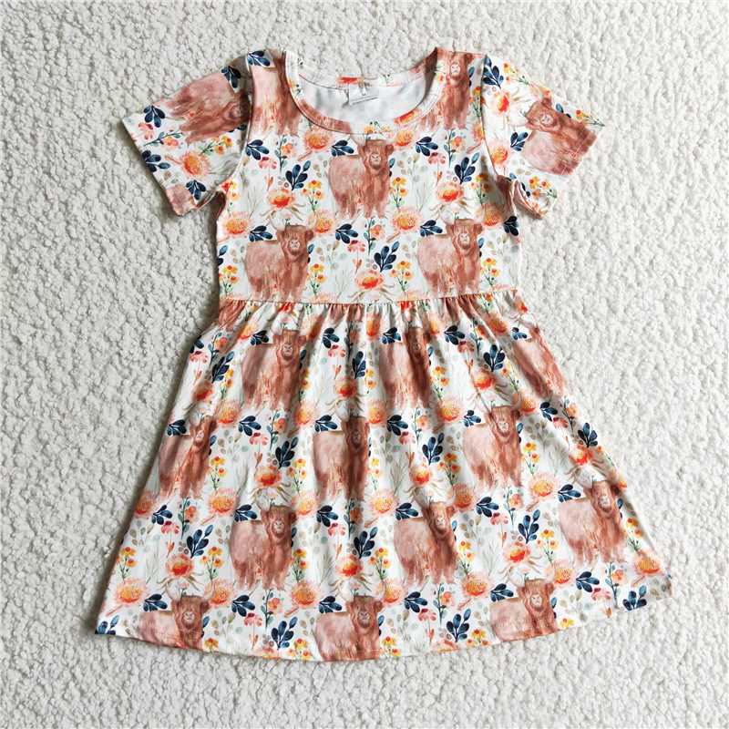 8.5 RTS NO MOQ Summer Baby Girls Dresses GSD0154 Highland Cow Western Knee Length Dresses