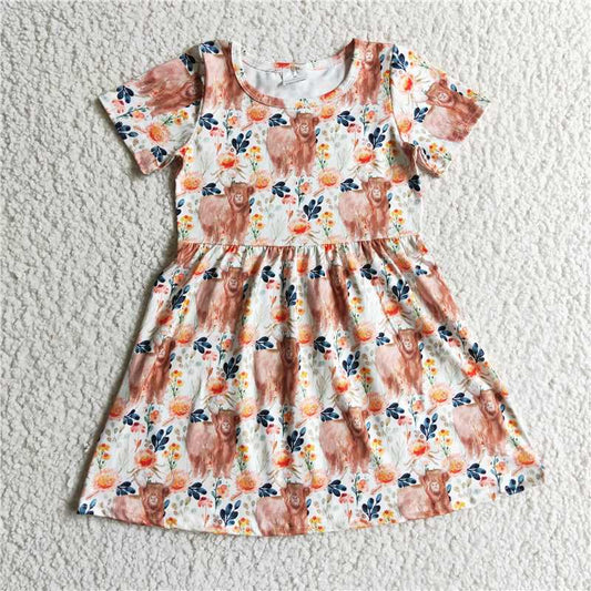 8.5 RTS NO MOQ Summer Baby Girls Dresses GSD0154 Highland Cow Western Knee Length Dresses