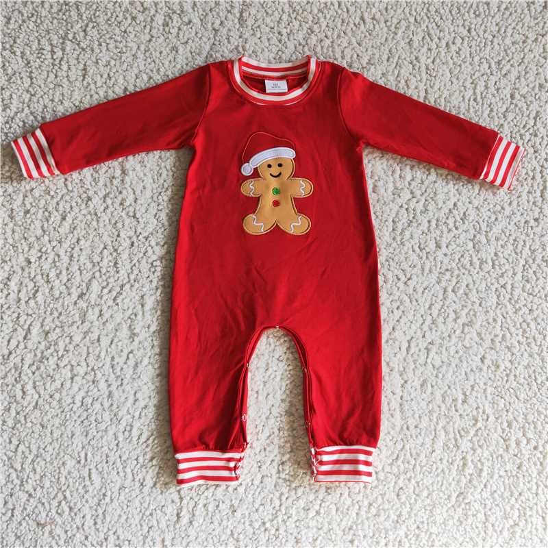 Wholesale Toddler Newborn Embroidery Gingerbread Red Romper Baby Girl Christmas Infant Children Snap Button Cotton New Jumpsuit
