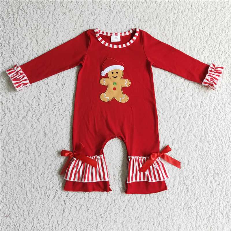 Wholesale Toddler Newborn Embroidery Gingerbread Red Romper Baby Girl Christmas Infant Children Snap Button Cotton New Jumpsuit