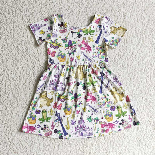8.5 RTS NO MOQ Summer Baby Girls Dresses GSD0153 Mardi Gras Knee Length Short Sleeve Dresses