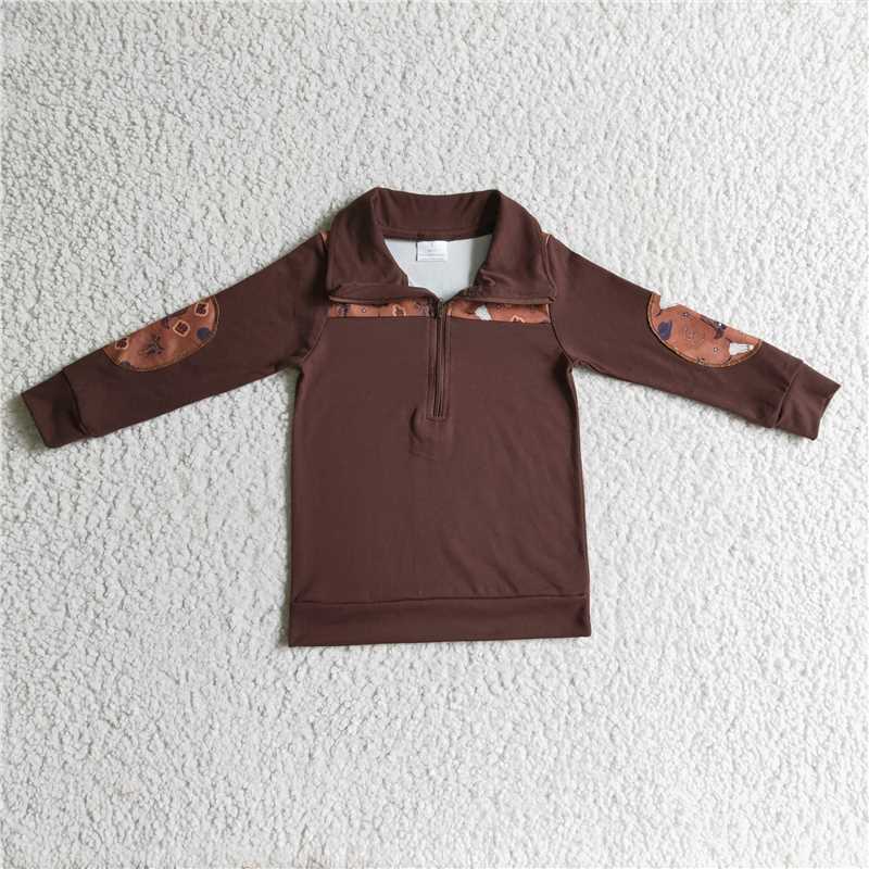 7.21 RTS NO MOQ Baby Boys Long Sleeve BT0111 Bull skull Brown Western Pullovers