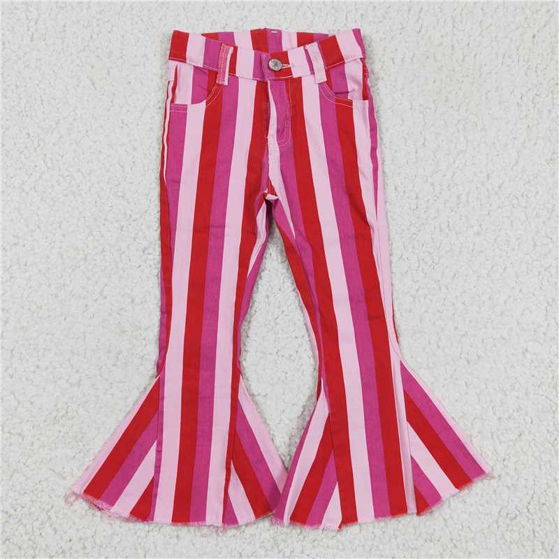 6.3 RTS NO MOQ Baby Girls Pants P0043 Valentines Pink Stripe Bell Jeans Denim Pants