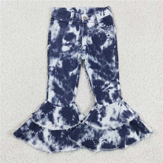 6.3 RTS NO MOQ Baby Girls Pants P0035 Blue Tie Dye Bell Bottom Jeans Denim Pants