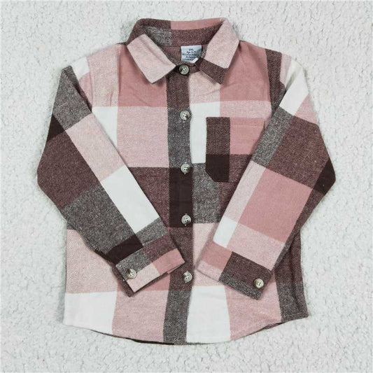 7.8 RTS NO MOQ Baby Girls Long Sleeve GT0073 Pink Plaid Long Sleeve Button Ups Flannel Shirts Tops