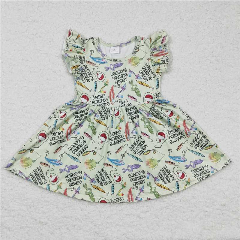 8.5 RTS NO MOQ Summer Baby Girls Dresses GSD0155 Daddy's Fishing Flutter Sleeve Pearl Dresses