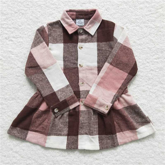7.8 RTS NO MOQ Baby Girls Long Sleeve GT0090 Pink plaid Color Long Tops Dresses