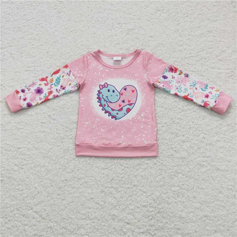 7.8 RTS NO MOQ Baby Girls Long Sleeve GT0087 Valentines Dinosaur Long Sleeve Shirts Tops