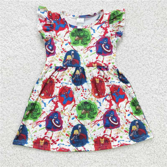 8.5 RTS NO MOQ Summer Baby Girls Dresses GSD0172 Flutter Sleeve Cartoon Knee Length Dresses