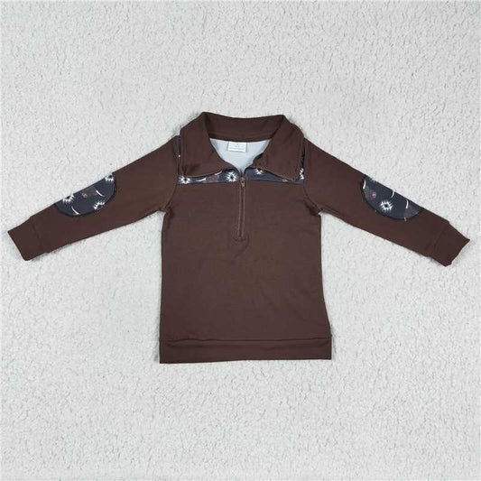 7.21 RTS NO MOQ Baby Boys Long Sleeve BT0115 Western Cow Brown Pullovers Tops