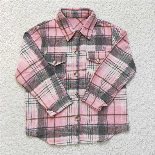 7.8 RTS NO MOQ Baby Girls Long Sleeve GT0094 Pink Plaid Long Sleeve Button Ups Shirts Tops