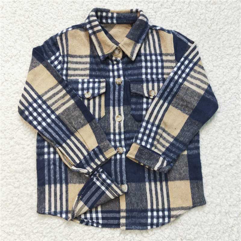 7.10 RTS NO MOQ Baby Boys Long Sleeve BT0186 Navy Plaid Long Sleeve Button Ups Shirts Tops