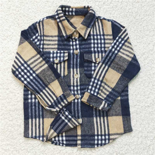 7.10 RTS NO MOQ Baby Boys Long Sleeve BT0186 Navy Plaid Long Sleeve Button Ups Shirts Tops