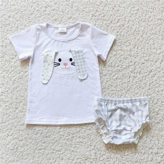5.24 RTS NO MOQ Baby Girls Summer Outifts GBO0063 Easter Rabbit Embroidery Ears Bummie Sets