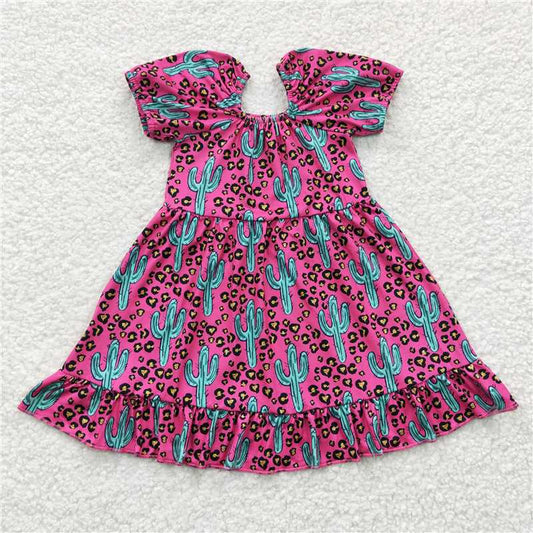 8.4 RTS NO MOQ Summer Baby Girls Dresses GSD0305 Western Cactus Pink Knee Length Dresses