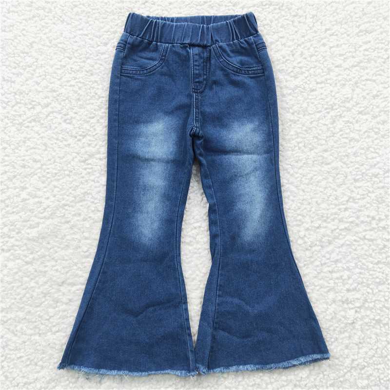 6.3 RTS NO MOQ Baby Girls Pants P0070 Blue Bleached Denim Bell Pants