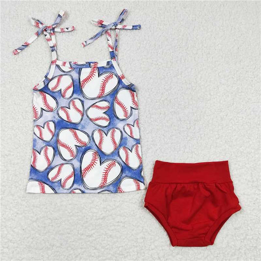 5.24 RTS NO MOQ Baby Girls Summer Outifts GBO0104 Heart Baseball Sleeveless Top Red Bummie Clothes Sets