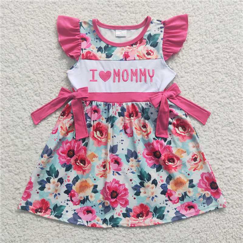 8.4 RTS NO MOQ Summer Baby Girls Dresses GSD0263 I Love Mom Pink Floral Knee Length Dresses