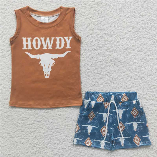 8.9 RTS NO MOQ Baby Boys kids Summer Sets BSSO0207 Sleeveless Tee Shirt Howdy Shorts Western Clothes Sets