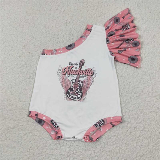 6.2 RTS NO MOQ Summer Baby Girls Bodysuit SR0317 Cowprint Music One Shoulder Rompers