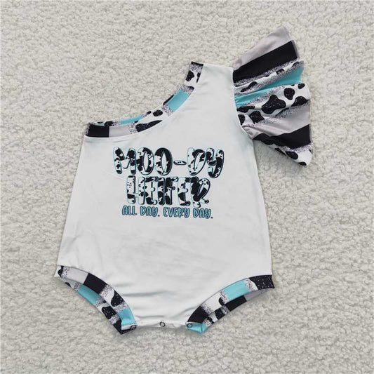 6.2 RTS NO MOQ Summer Baby Girls Bodysuit SR0320 Cow Print Moody Heifer One Shoulder Rompers