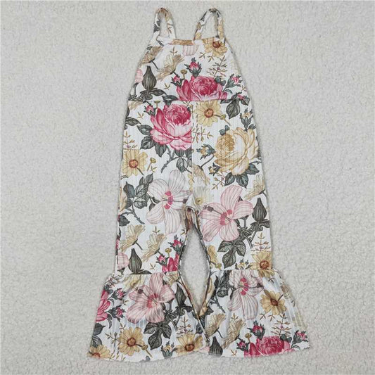 6.25 RTS NO MOQ Summer Baby Girls Bodysuit SR0248 Big Flowers Strap Bell Bottom Jumpsuits