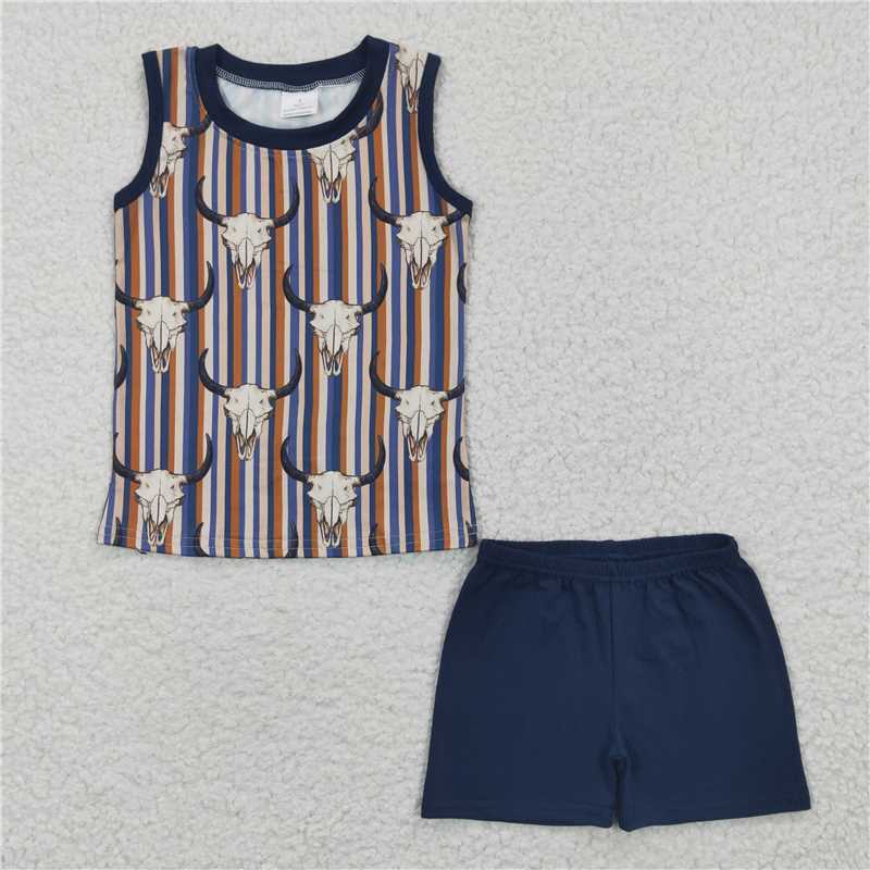 8.9 RTS NO MOQ Baby Boys kids Summer Sets BSSO0217 Western Cow Skull Shorts Sets