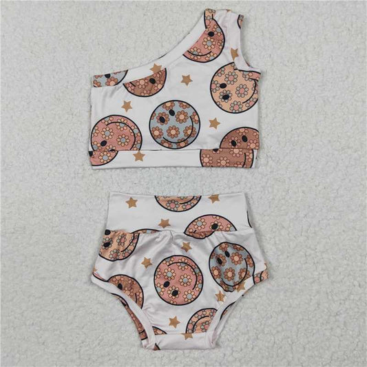 5.24 RTS NO MOQ Baby Girls Summer Outifts GBO0119 Floral Smile One Shoulder Top Bummie Clothes Sets