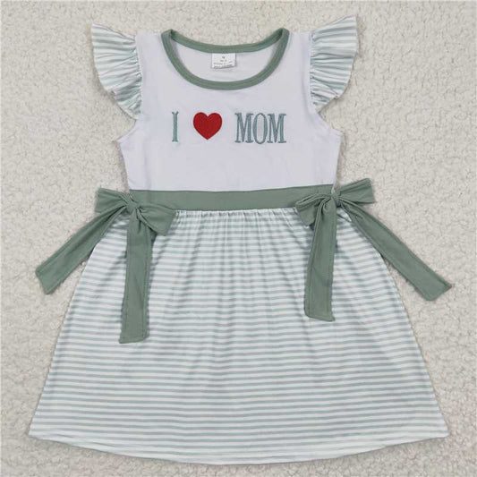 8.4 RTS NO MOQ Summer Baby Girls Dresses GSD0257  I Love Mom Embroidery Stripe Bow Dresses