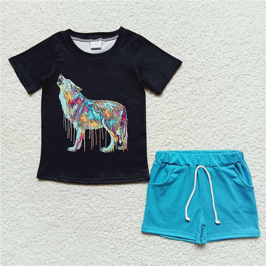 8.9 RTS NO MOQ Baby Boys kids Summer Sets BSSO0219 Wolf Short Sleeve Tee Shirts Shorts Sets