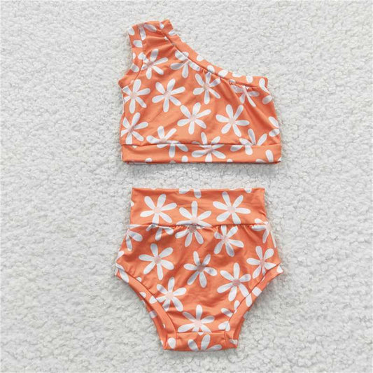 5.24 RTS NO MOQ Baby Girls Summer Outifts GBO0118 Orange Flowers One Shoulder Top Bummie Sets