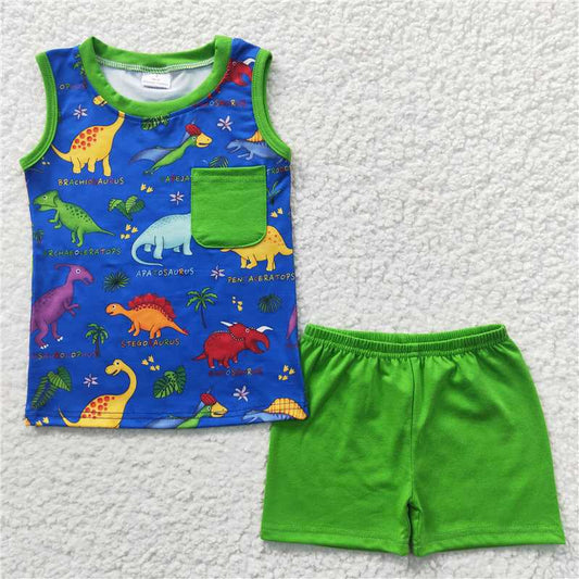 8.9 RTS NO MOQ Baby Boys kids Summer Sets BSSO0234 Summer Sleeveless Dinosaur Top Shorts Clothes