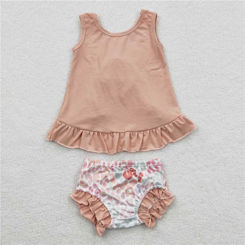 RTS NO MOQ Baby Girls Summer Outifts GBO0122 Pink Bow Tunic Backless Top Leopard Floral Bummie Sets