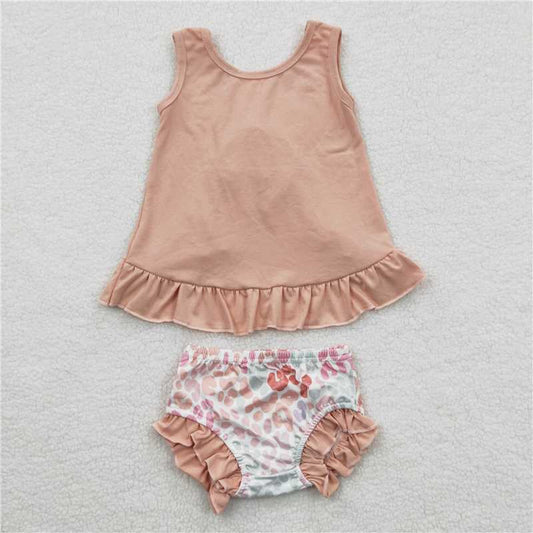 RTS NO MOQ Baby Girls Summer Outifts GBO0122 Pink Bow Tunic Backless Top Leopard Floral Bummie Sets