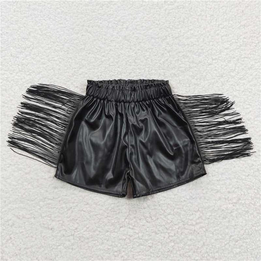 SS0094 Black Color Pu Leather Shorts With Tassel