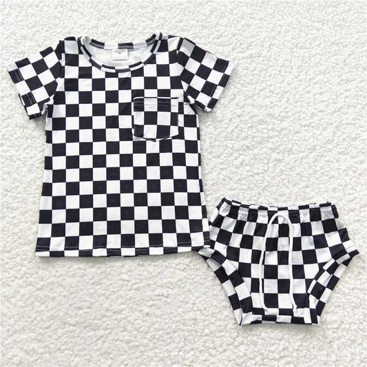 RTS NO MOQ Baby Girls Summer Outifts GBO0144 Black Checked Short Sleeve Bummie Sets