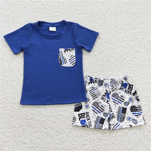 8.8 RTS NO MOQ Baby Boys kids Summer Sets BSSO0242 Back the Flag Blue Shorts Sets
