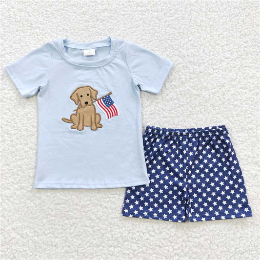 8.8 RTS NO MOQ Baby Boys kids Summer Sets BSSO0227 4th Of July Dog Blue Shorts Sets