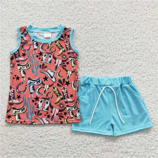 8.8 RTS NO MOQ Baby Boys kids Summer Sets BSSO0251 Sleeveless Boots Western Summer Shorts Sets