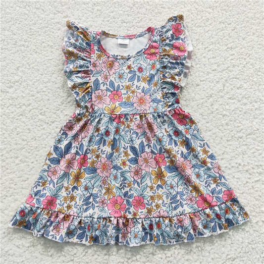 8.2 RTS NO MOQ Summer Baby Girls Dresses GSD0363 Navy Floral Ruffle Knee Length Dresses