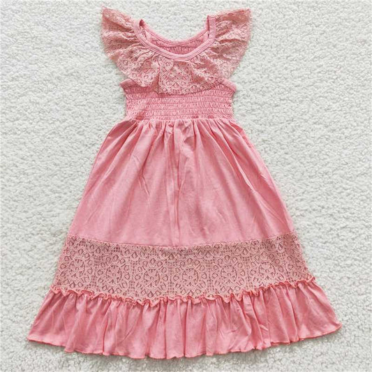 8.2 RTS NO MOQ Summer Baby Girls Dresses GSD0457 Pink Lace Linen Long Ruffle Dresses